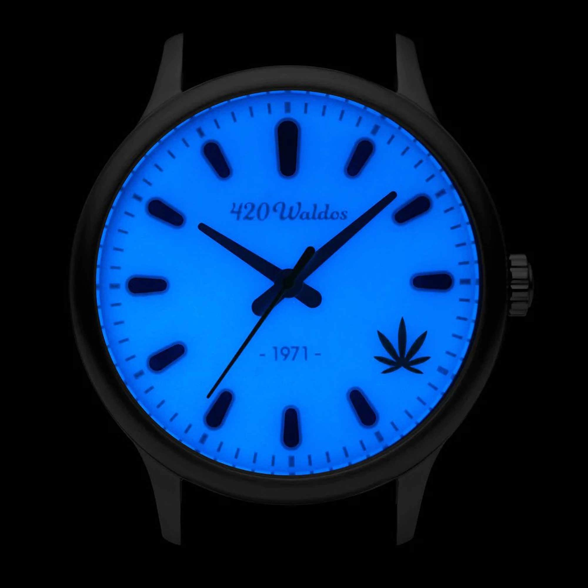 420Waldos Men's Watch - Bud Quartz Steel Case Dark Blue Genuine Leather Strap | W1005