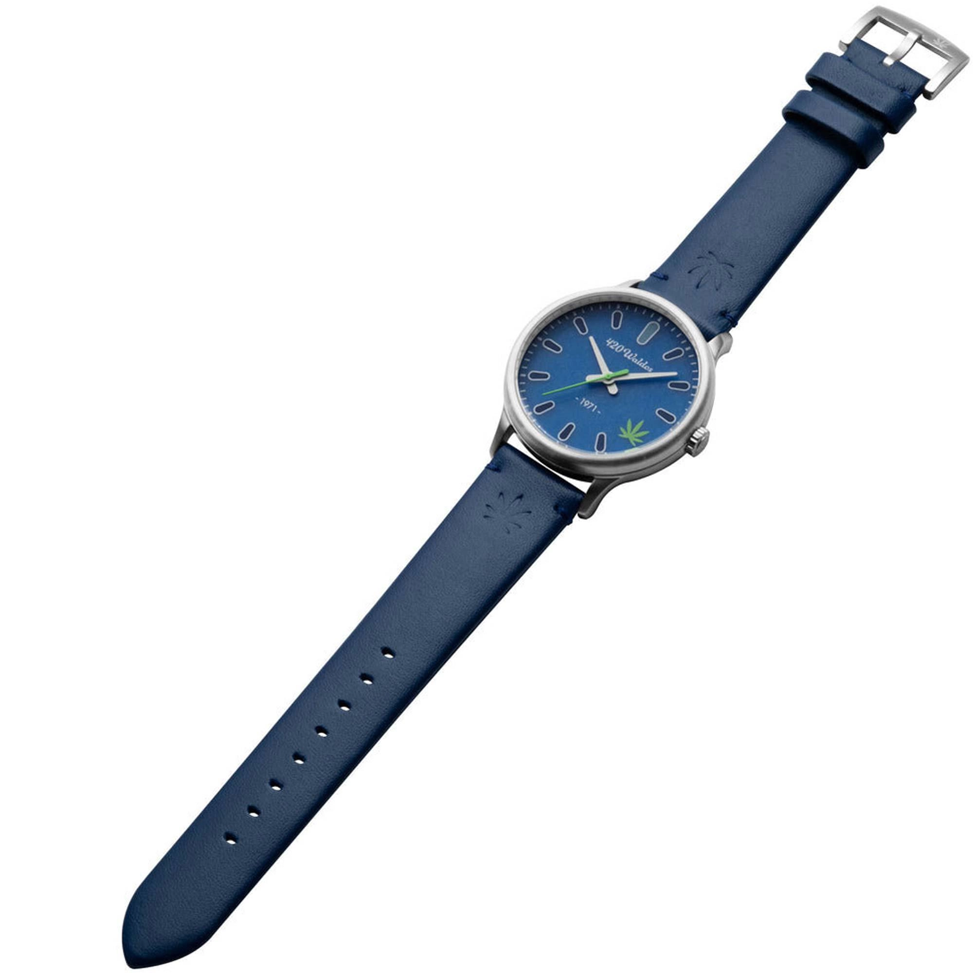 420Waldos Men's Watch - Bud Quartz Steel Case Dark Blue Genuine Leather Strap | W1005