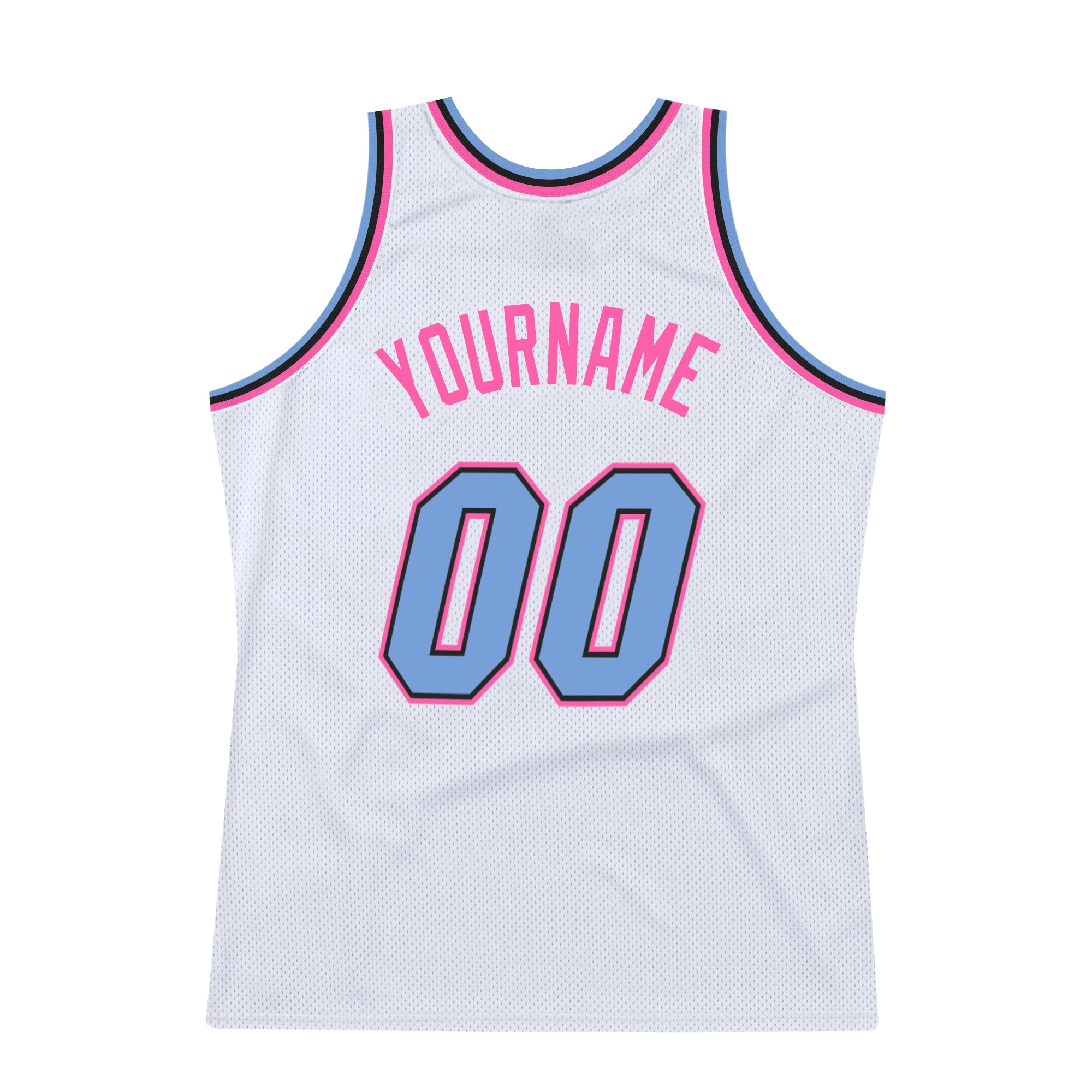 Custom White Light Blue-Pink Authentic Throwback Basketball Jersey